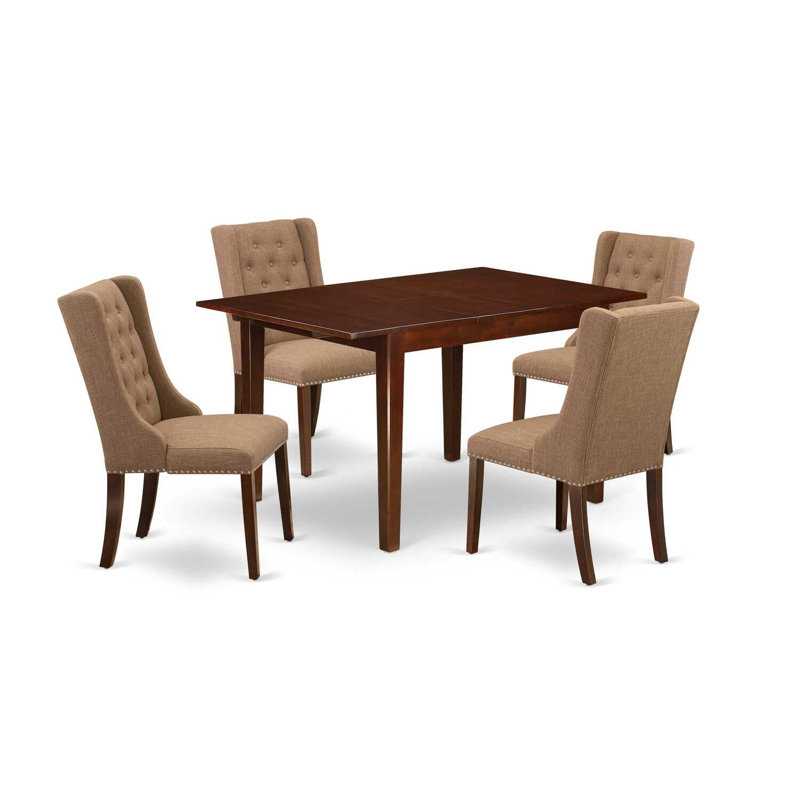 Ensemble de salle à manger 5 pièces comprenant une table de salle à manger rectangulaire avec rallonge papillon et 4 chaises rembourrées en tissu de lin sable de 36 x 54 po, acajou
