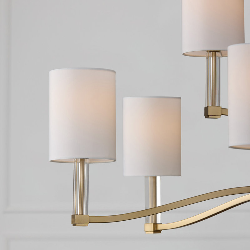 32" W x 9.25" H 9-Light Two-Tier Chandelier in Matte Brass with Clear Acrylic Accents and Cylindrical White Fabric Shades