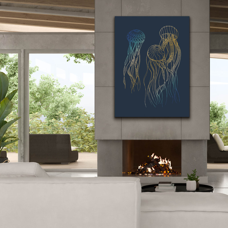 «Wallife Blue and Gold Jellyfishes» par Sabrina Balbuena, art mural épique sur toile, 40 po x 54 po