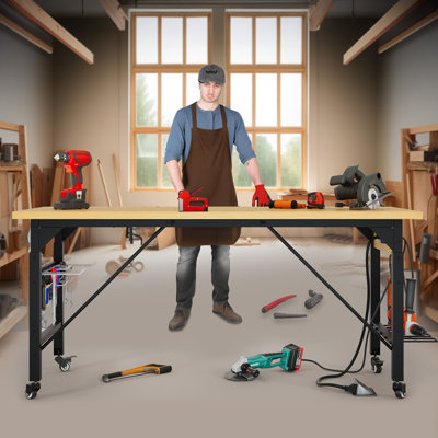 59.2'' W Manufactured Wood Top Height-Adjustable Workbench with Wheels