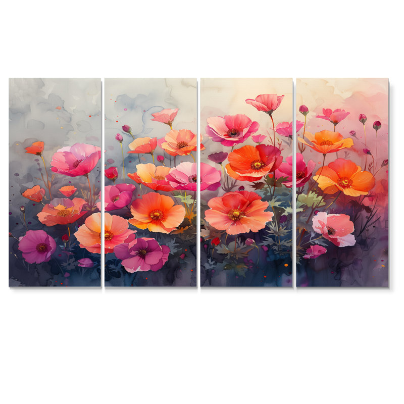 Ensemble de salon art floral rose avec boutons d'or roses et champs de fleurs, H 28 po x l 48 po