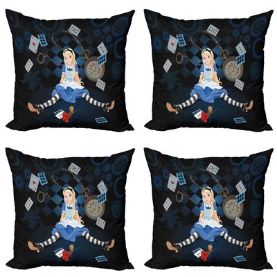 Ambesonne Alice In Wonderland Throw Pillow Cushion Case Pack Of 4, Grown Giant Girl Sitting Flying Cards And Rose Checkered Cartoon, Modern Accent Dou -  micfour_14087_24x24