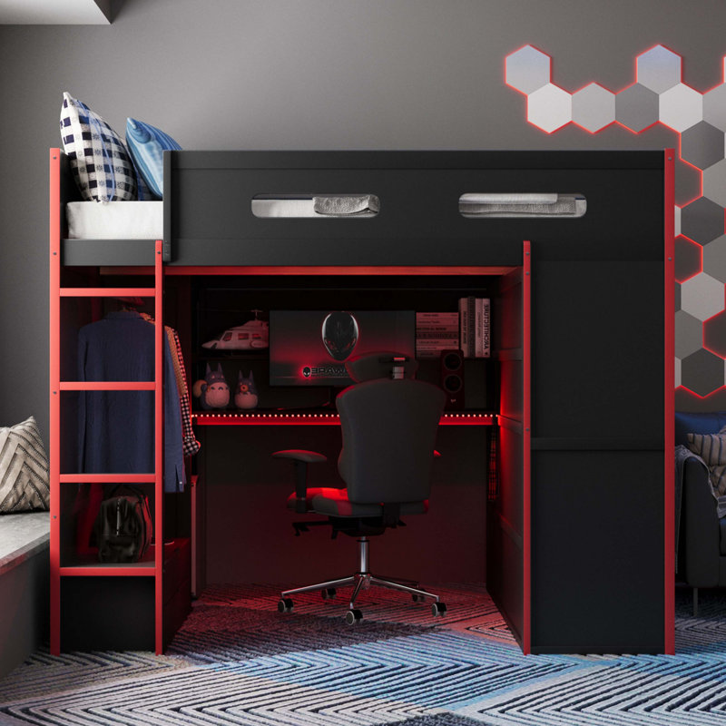 Lit mezzanine double en bois avec bureau, garde-robe, grand espace de rangement et lumière RVB, Red