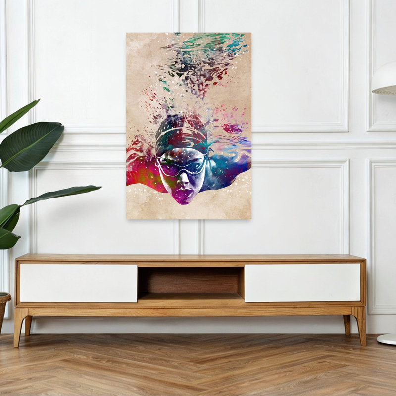 «Vibrant Underwater Swimmer», art mural contemporain, H 48 po x l 32 po