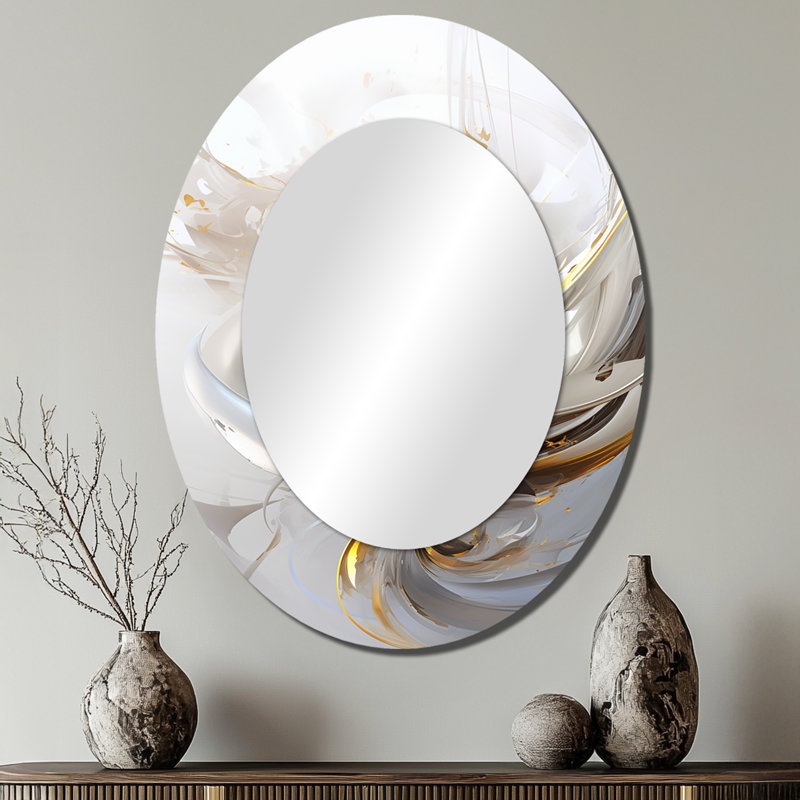 Fractal Gold Sphere On White I - Gold Modern Oval Wall Mirror, 40" x 30"
