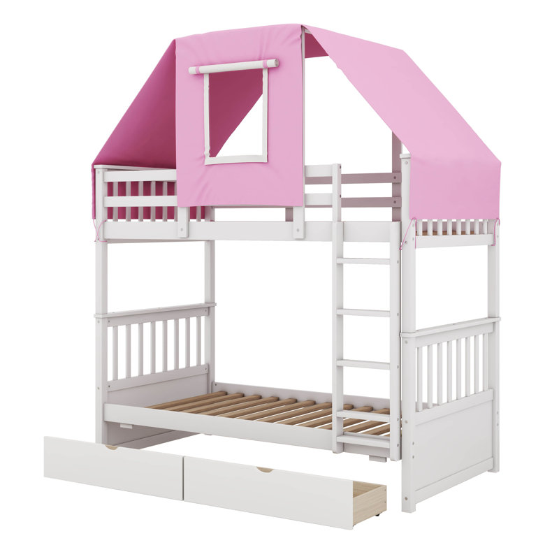Lit superposé simple en bois avec tente et tiroirs Wetzler Kids, Blanc, Rose