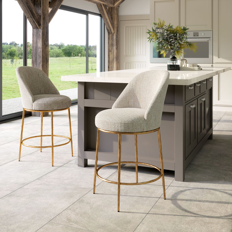 Crush Swivel Bar Stool, Counter Stool (24.4” Seat Height), Beige Fabric/ Gold Frame