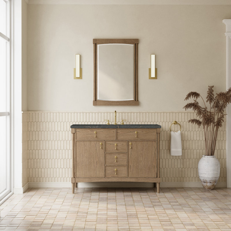 Kinnsden 48" W Single Vanity, Parisien Bleu Silestone, 8" Widespread, Weathered Oak