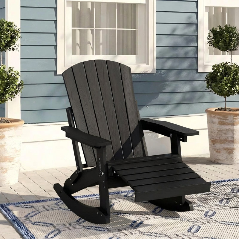  HDPE Outdoor Folding Adirondack Rocking Chair With Retractable Ottoman, Black