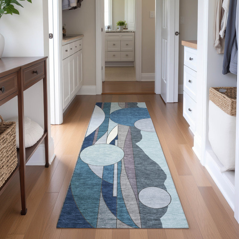 Premium Machine Washable Mayfield AMF2252 Modern Rug, Blue, 2'3" x 7'6" Runner