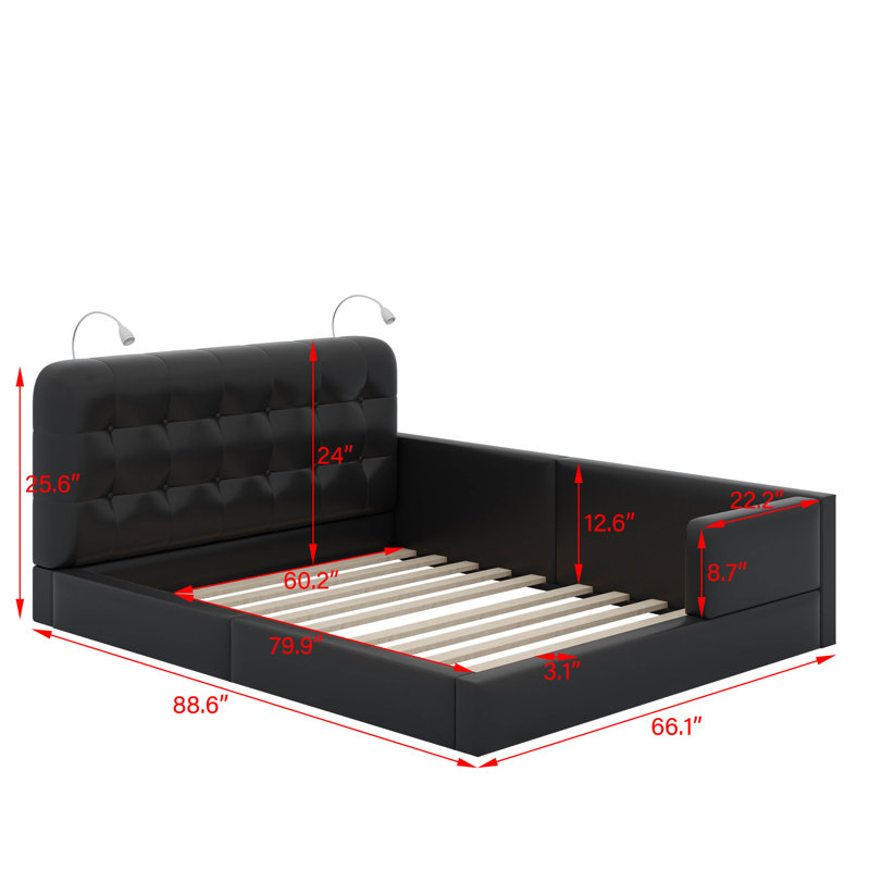 Grand lit plateforme tapissier avec lumières de lecture, Noir