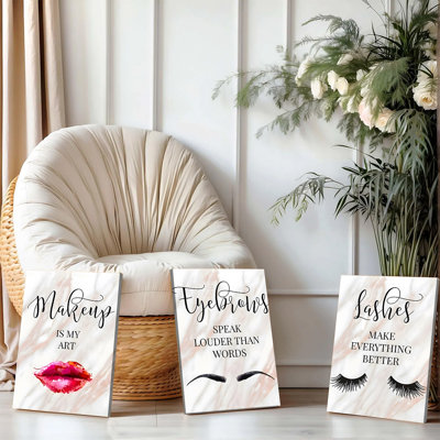 3PCS Wall Arts Posters Framed, Makeup Art Eyebrows Lashes Canvas Wall Art Set, Modern Marble Print Decor with Lipstick Brow Eyelash Design, Inspirational Quotes Wall Decor for Beauty Salon Bedroom Bathroom Living Room Home Decoration
