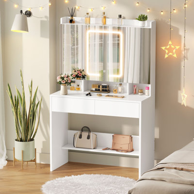 Damhan White Dressing Table with Mirror & Hidden Storage
