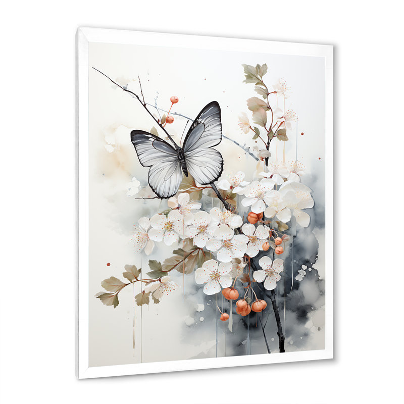 Keishasha, art asiatique, papillon blanc et gris sur toile, H 32 po x l 24 po x P 1 po, Cadre photo blanc