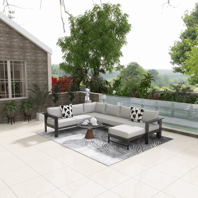 U-Style U-Shaped Outdoor Sectional Sofa Set, 5.9" Ultra-Thick Cushions, All-Weather 5-6 Seater Patio Conversation Set With Heavy-Duty Iron Frame, For Backyard, Garden, Poolside