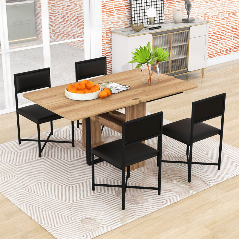 5-Piece Space-Saving Extendable Dining Table Set with Storage Rack and Upholstered Chairs, Black