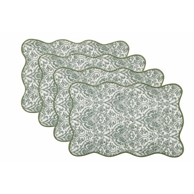 Sage Vintage-inspired Design Damask Scalloped Placemats 12" X 18", Set Of 4
