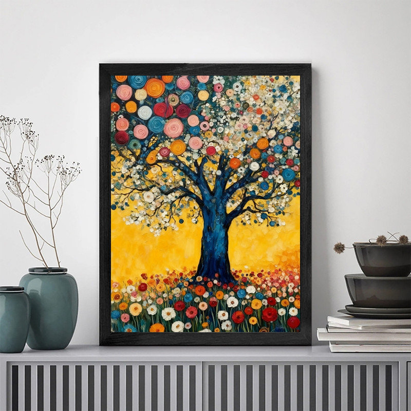 Art mural de style arbre floral noir encadré de style Gustav Klimt, H 11 po x l 9 po