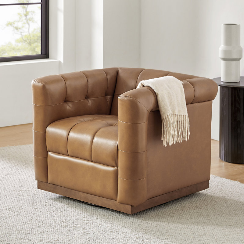 Sonika Genuine Leather Square Swivel Barrel Club Chair with Solid Wood Frame, Camel