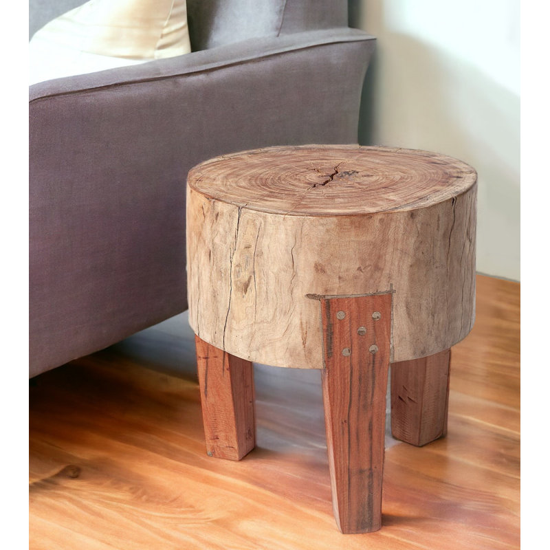  Table de bout ronde industrielle en bois récupéré brun foncé 15 po Industrial