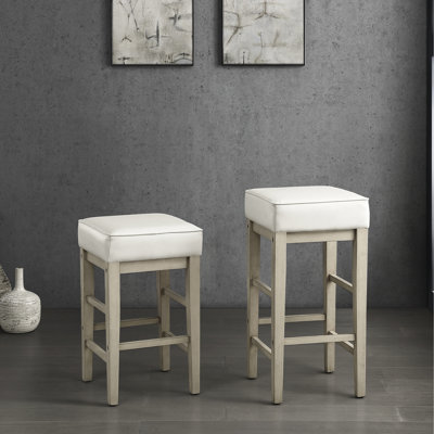 24" Counter Height Stools  2 , Transitional Design, White Faux Leather Seat, Solid Wood Construction Seating Of 2, Upholstery, Frame, 26" Dining