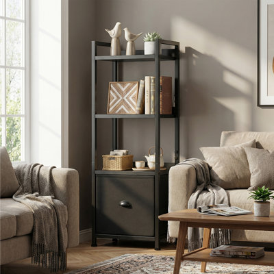 15"W 4 Tier Bookshelf with Drawer, Small Bookcase for Living Room, Bedroom, Industrial Bookshelf Wood and Metal Storage Rack