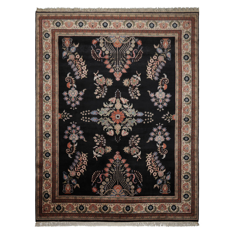 Tapis noir en laine nouée à la main 9 pi x 12 pi Sarouk