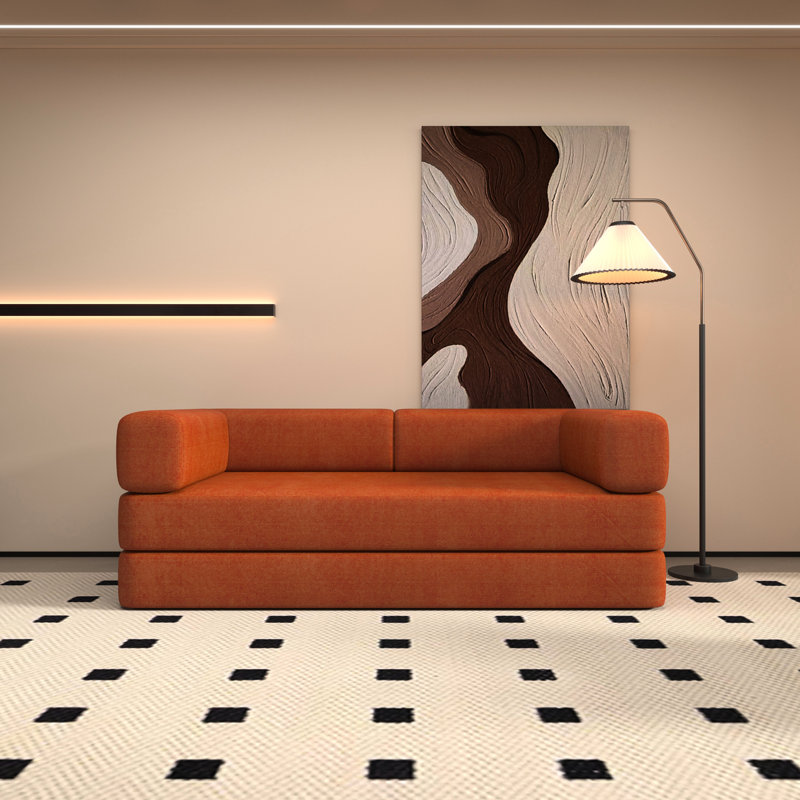 Velours côtelé orange, lit convertible au sol, 3 places, canapé-lit pliant, structure en métal, dossier moelleux, accoudoirs carrés, mousse à mémoire de forme rouge, matelas, accoudoirs