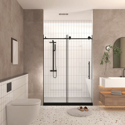 Porte de douche sans cadre 112-122 cm L x 193 cm H, verre trempé transparent 6 mm, film anti-explosion, poignée en acier inoxydable