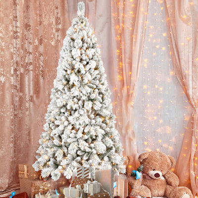 Arbre de Noël floqué avec lumières à DEL blanc chaud, branches en PVC enneigées et aiguilles pointues, conception à charnières pour une installation facile, support en métal robuste - arbre de vacances complet et réaliste