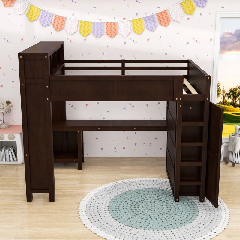 Grand lit mezzanine multifonctionnel avec bureau intégré, garde-robe et tablette de rangement, Brun