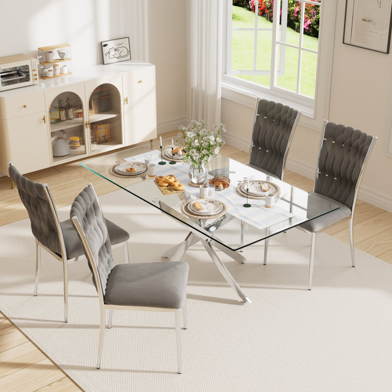 63" Rectangular Tempered Glass Table set, 5, Gray/Silver