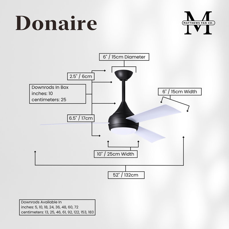 Donaire LED Outdoor Downrod Ceiling Fan, Matte Black, Gloss White