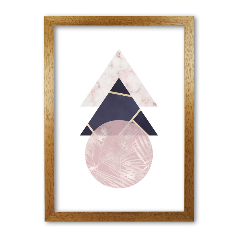 Pink And Navy Marble Abstract Triangles And Circle - Print, Honey Oak Frame, 60 cm H x 42 cm W x 1 cm D