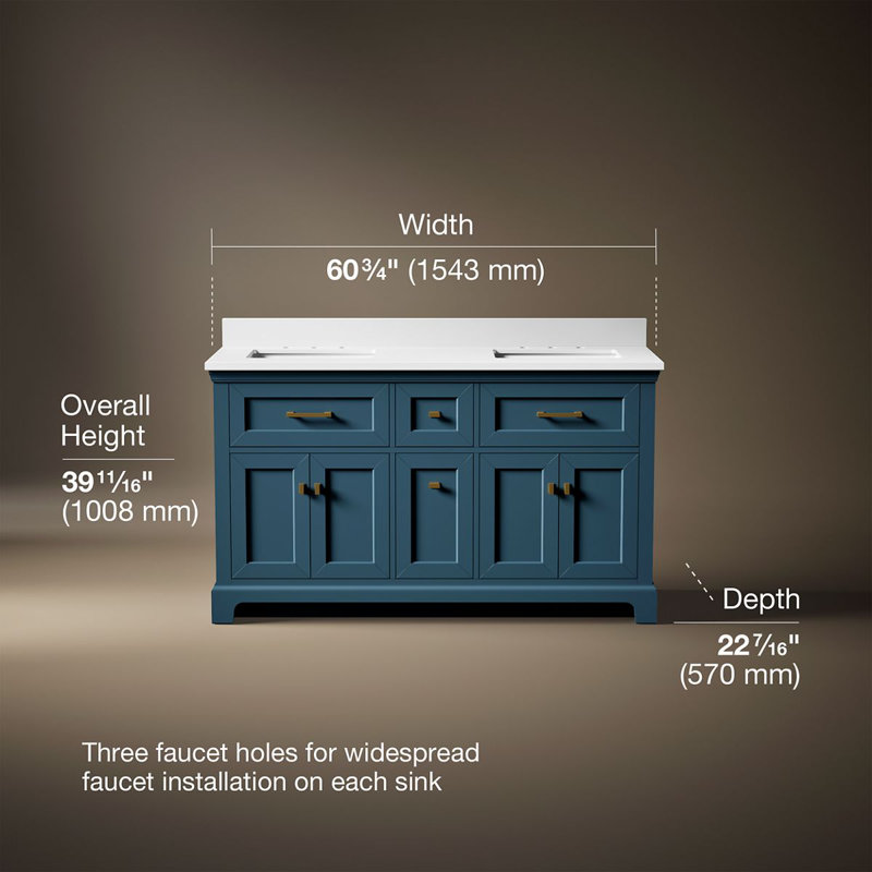 Charlemont 60 In. Bathroom Vanity Cabinet With Sinks And Quartz Top, Tidal Blue