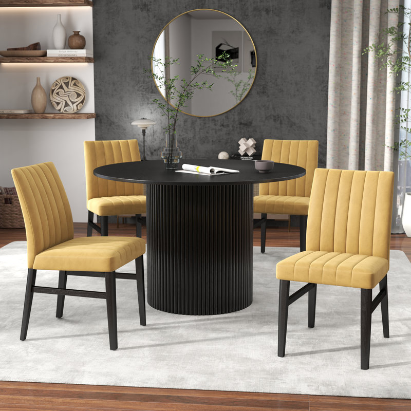  Ensemble de salle à manger à piédestal 5 pièces Henriet, table de salle à manger ronde avec quatre chaises, jaune, Jaune