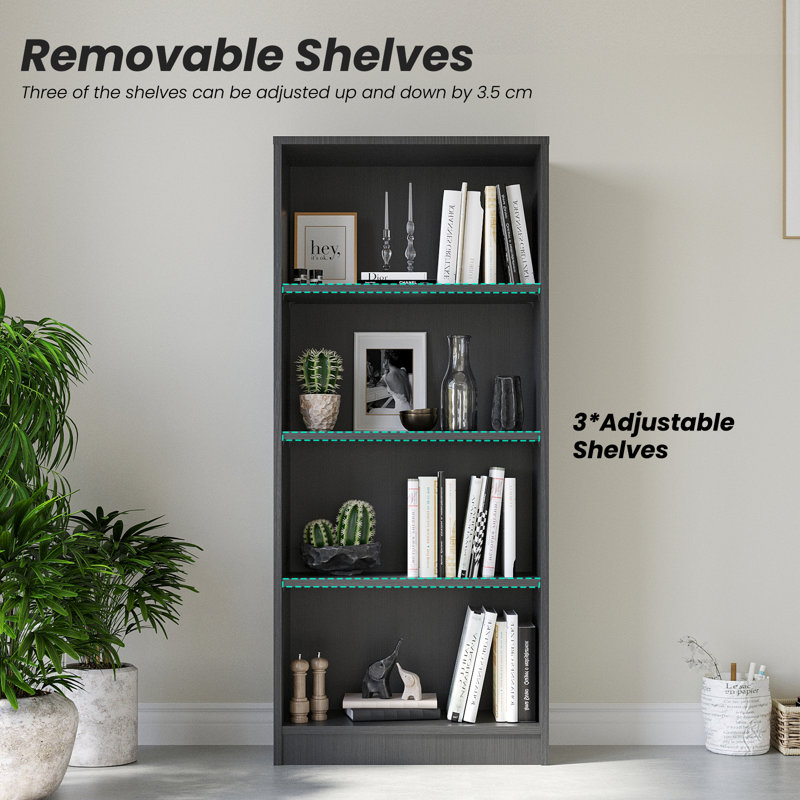 Modern 24.4" W 4-Tier Adjustable Bookshelf, Gray, (4 Shelves) 55.9” H x 24.5” W x 12” D