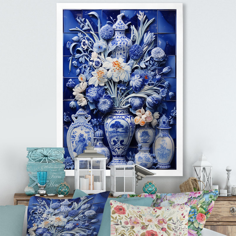 «Blue Boho Flower Pottery I» - art mural Boho, H 32 po x l 16 po x P 1 po, Cadre simple blanc