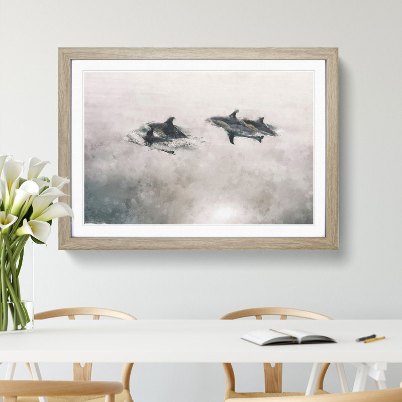 Swimming Dolphins - Picture Frame Painting, 36cm H x 48cm W x 2cm D, Oak Framed