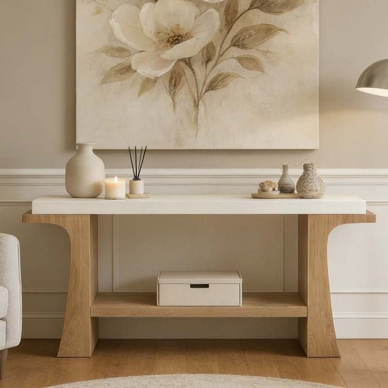 Console Mid-Century moderne en bois massif, H 31,5 po x l 70,9 po x P 13,8 po