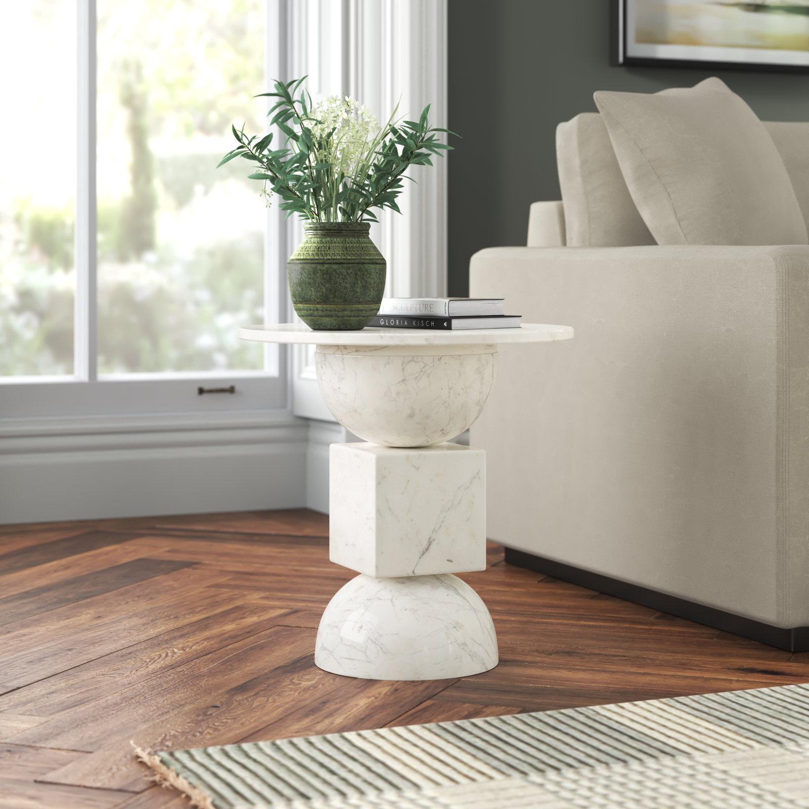 Zed 18" Genuine Marble End Table, Polished White