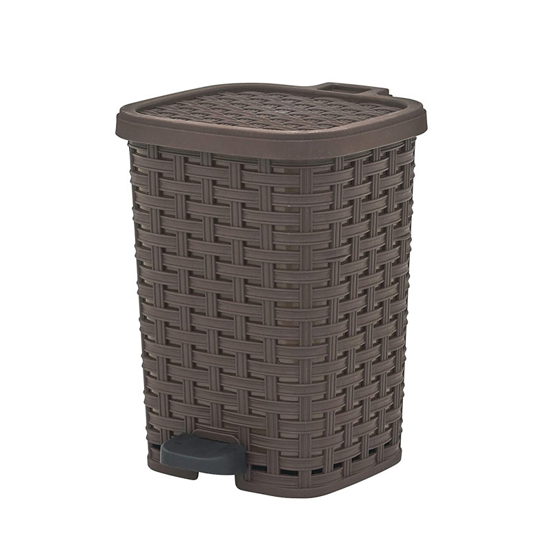 Brown Wicker Pattern Plastic Pedal Trash Can