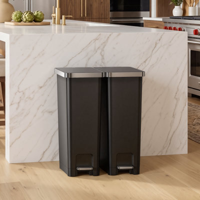 EKO 45L+45L Slim Step Trash Can 2-Pack with Soft Close Lid and Built-In Wheels, Black
