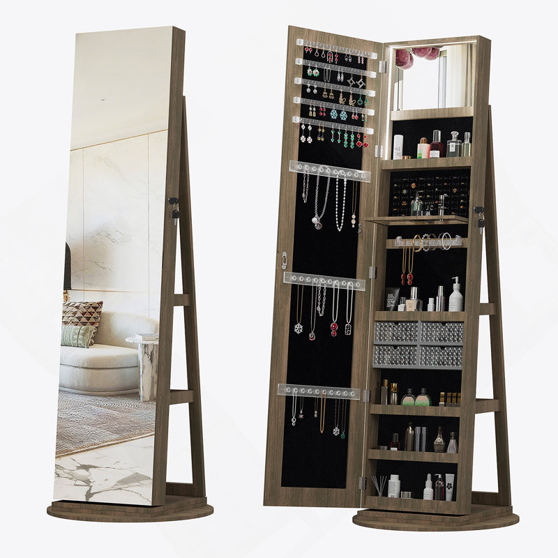 Armoire à bijoux pivotante à 360 ° avec miroir pleine longueur, Brun antique