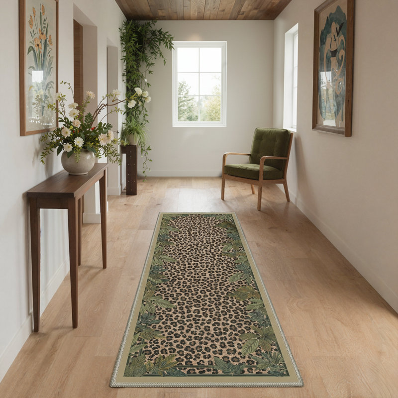 Alissa Lushmark Animal Print Leopard Foliage Machine Washable Green / Brown / Black Indoor Area Rug with Non-Slip Backing