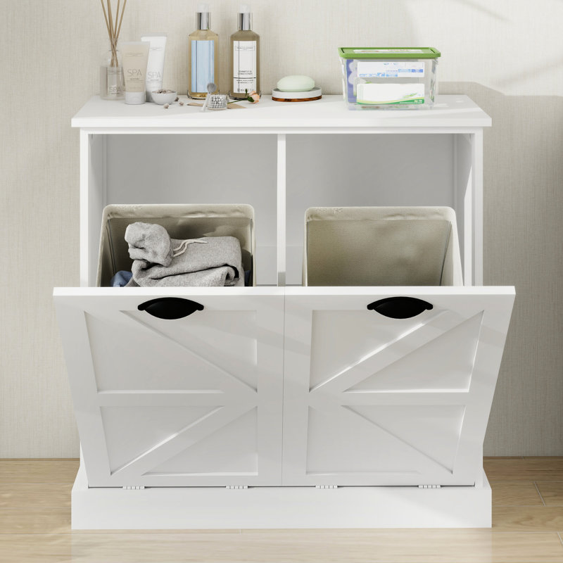 White Laundry Sorter Cabinet With Two Sections. Modern & Stylish Design. Removable Bags For Easy Organization. E1 Material, Coated. Stable Build. Surface. Feature. Assembly Manual. 100-Pound Load