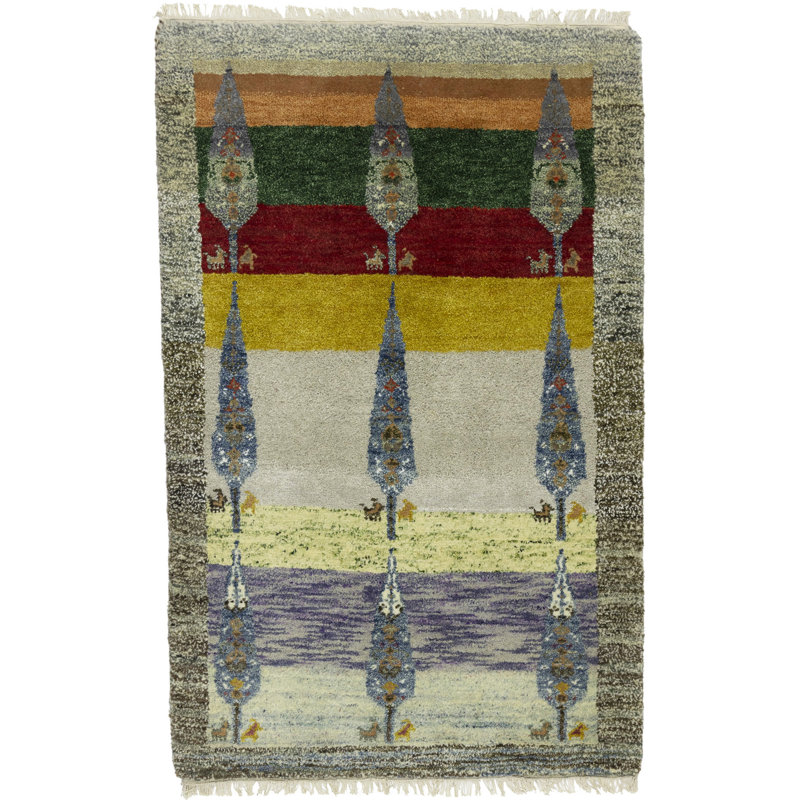 Tapis gris / jaune-vert en laine noué à la main