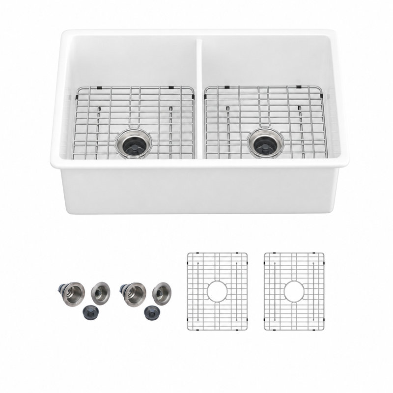 32" L ×19" W Ceramic Double Bowl Undermount Kitchen Sink with Sink Grid and Strainer