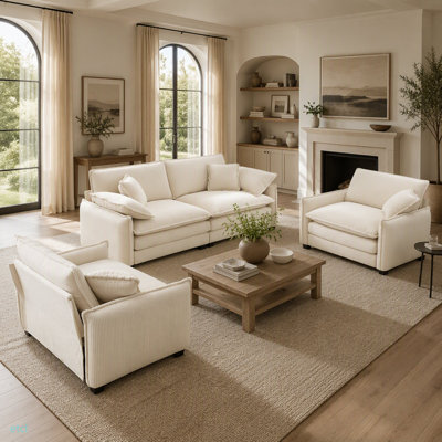 Ensemble de canapé luxueux et sophistiqué avec coussins et coussins moelleux, ensemble de canapé pour les salons et les clubs ainsi que les cinémas maison, comprenant deux canapés simples et un canapé 2 places en cordur beige