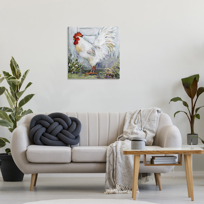 Art mural sur toile White Rooster in Flower Garden, design par Susan Winget, H 24 po x l 24 po